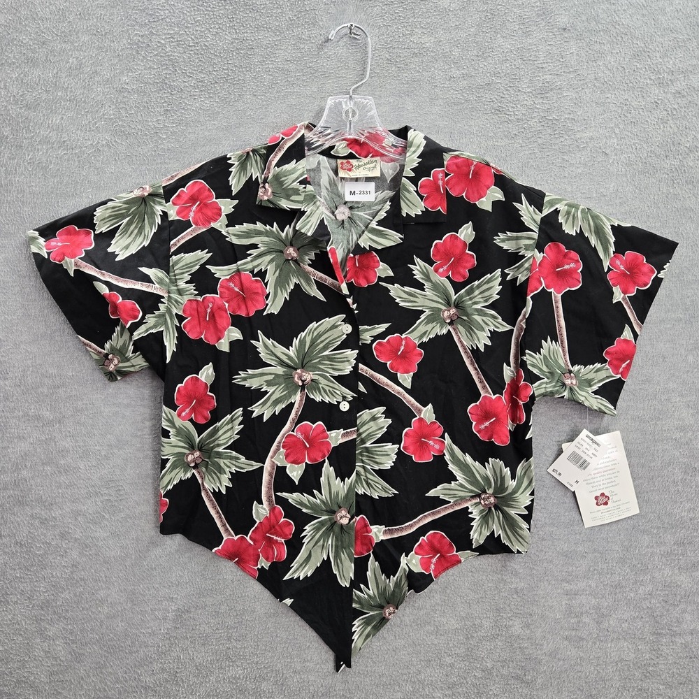 VINTAGe Hilo Hattie Women Button Up Shirt M Black Red Floral Crop Front Tie NWT